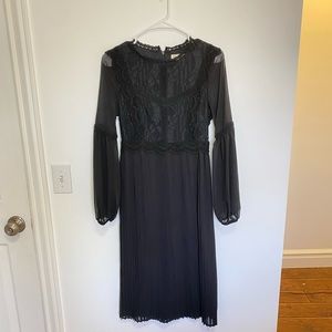 Roolee Black lace pleated chiffon midi dress